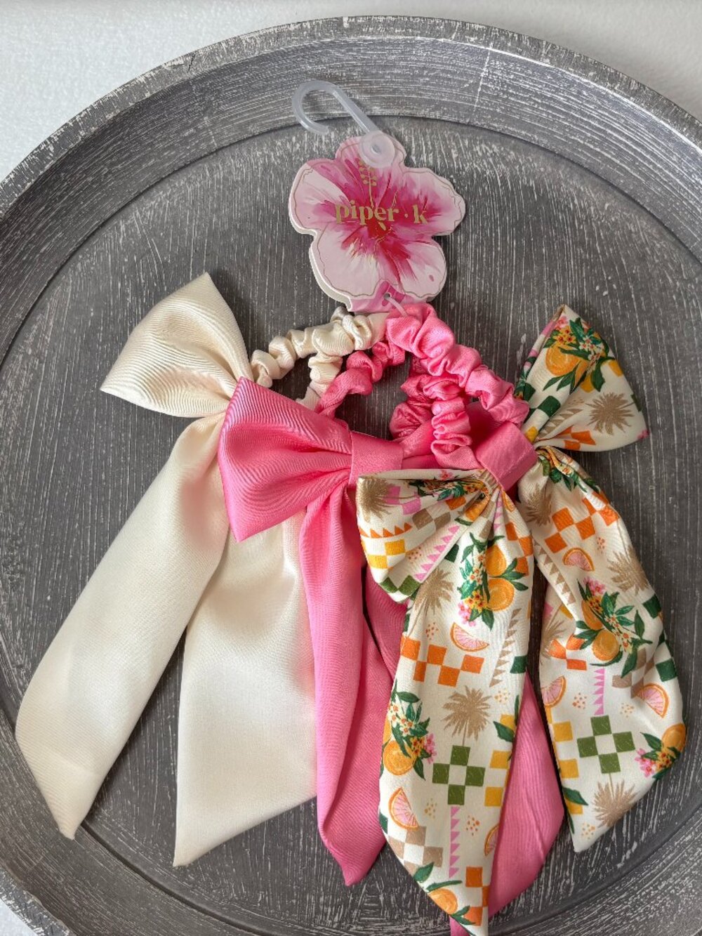 NWT - Piper K - Set of 3 - Scarf Scrunchies - Cream, Pink, Tropical Themed